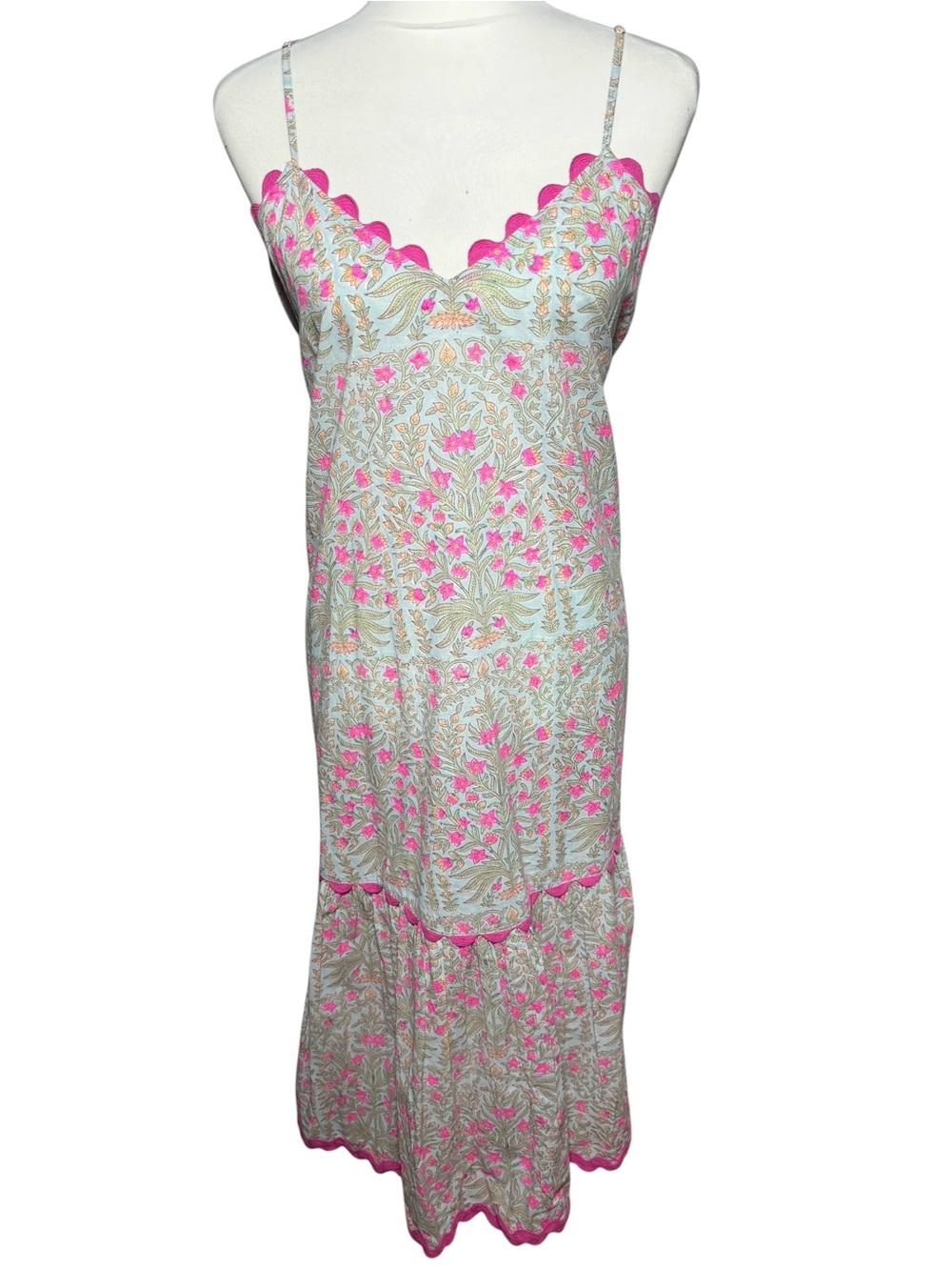Juliet‎ Dunn London Floral Midi Dress Scallop Trim Boho Size 3 Cotton Sundress